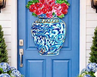 Jarrón grande de estilo chino con estampado floral rojo para colgar en la puerta (no incluye lazo color marfil).