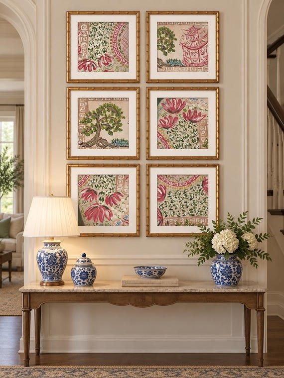 Set of Six Fine Art Canvas Paper Chinois Landscape Prints Matted and Framed