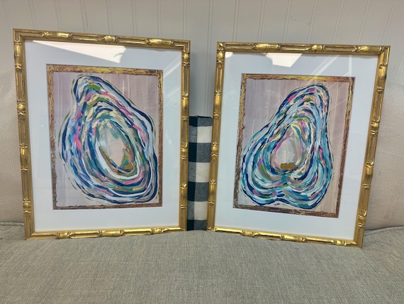 Pair of Gilded Gold Oysters Matted and Framed in Gold Bamboo Frames