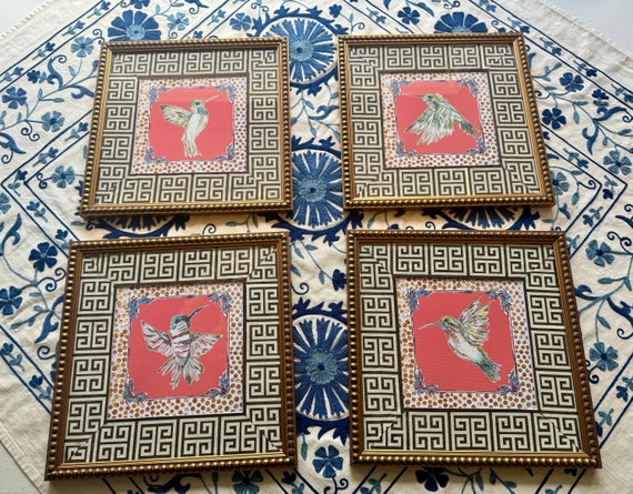 Hummingbird Art Prints Set: Gold Beaded Frames, Greek Key Mat (13x13)