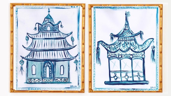Pagoda Art Prints: Gilded Bamboo Frames, Blue Asian Decor (Set of 2)