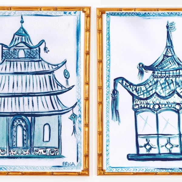 Pair of Fine Art 130lb Matte Artist Paper Pagoda Prints and Framed in Gilded Gold Leaf Frames