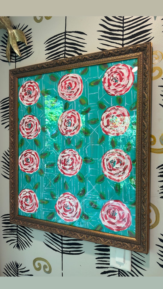 Wall Floral Pom Poms Large ORIGINAL Painting Framed in Gold Baroque Style Frame