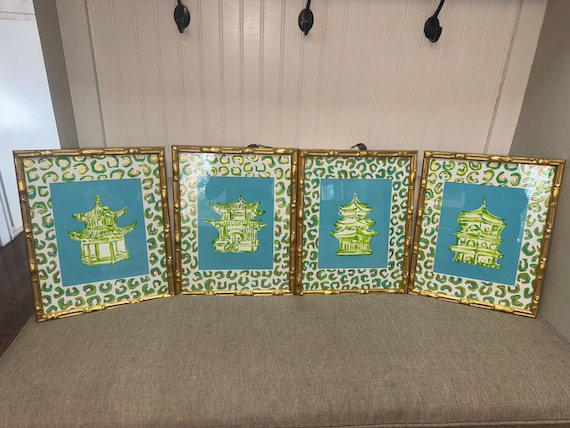 Pagoda Prints Set: Hand-Painted Leopard Mats, Gold Bamboo Frames