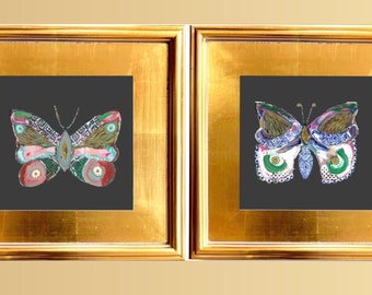 Pair of Fine Art Canvas Paper Patterned Butterfly Prints Framed in Gilded Gold Leaf Wide Frame