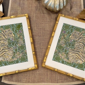 Pair of Chinoiserie Tigers Fine Art Canvas Paper Prints Framed to 12x15 in Gold Bamboo Frames