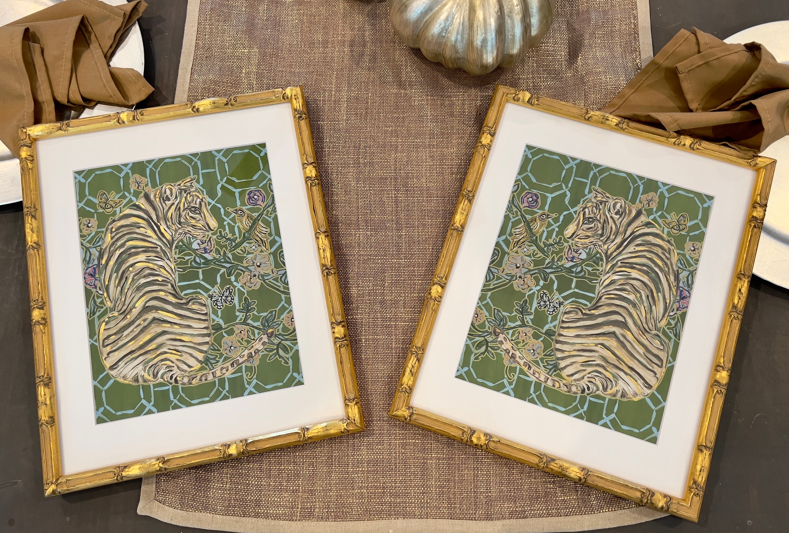 Pair of Chinoiserie Tigers Fine Art Canvas Paper Prints Framed to 12x15 in Gold Bamboo Frames