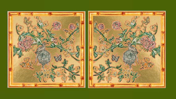 Chinois Birdcage Art Prints: Gilded Bamboo Frames, Pair
