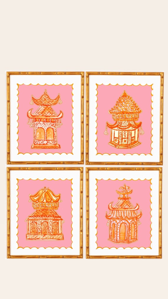 PAIR of Pagoda Art Prints Set: Gilded Bamboo Frames, Signed Canvas Paper (choose two from set of four as shown)