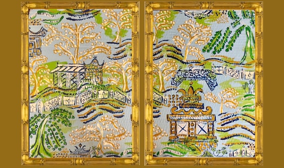 Chinoiserie Pagoda Landscape Prints: Gilded Bamboo Frames, Set of 2 (COMES UNFRAMED as prints only)