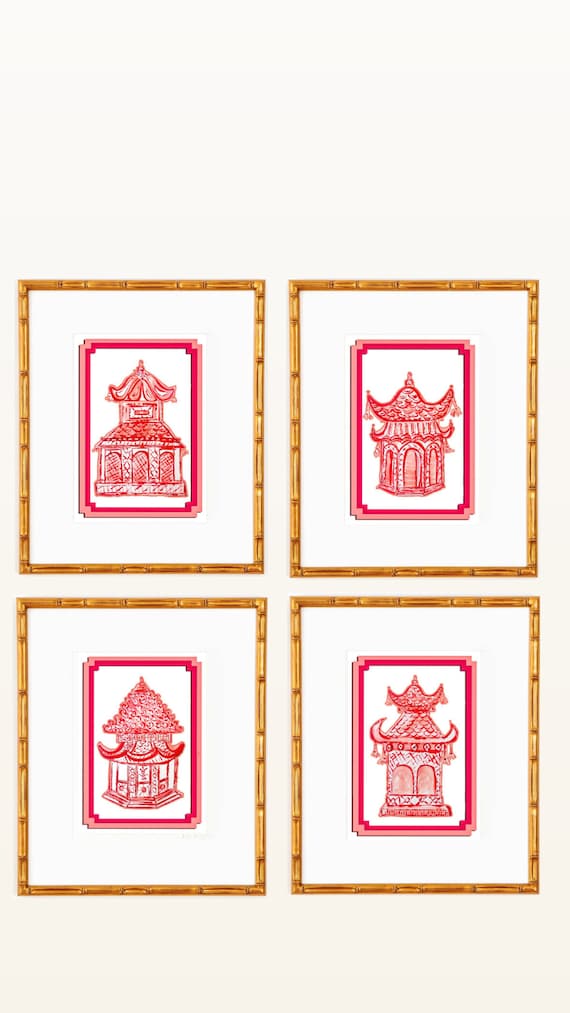 Fine Art Pagoda Prints Framed in Gold Bamboo
