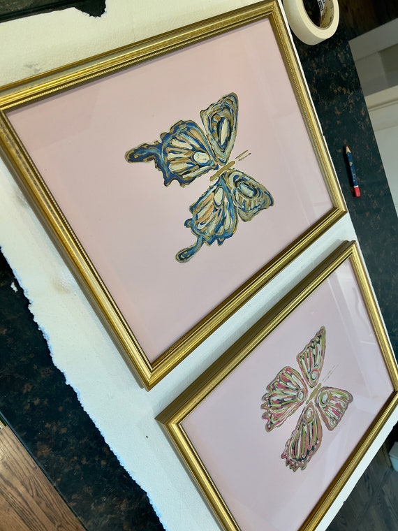 Pair of Fine Art Canvas Paper Gicleè Prints Framed in Gold Beaded Frames