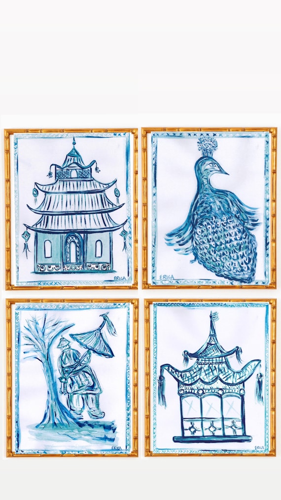 Pagoda Art Prints Set: Gilded Gold Bamboo Frames, Blue Asian Decor