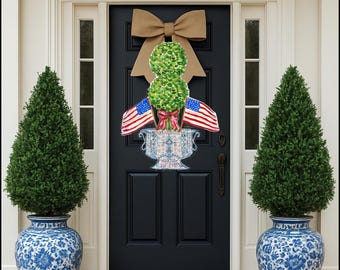 LARGE Patriotic American Flag Topiary in Ginger Jar Door Hanger