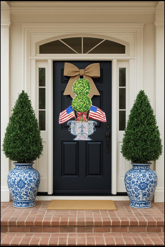 LARGE Patriotic American Flag Topiary in Ginger Jar Door Hanger