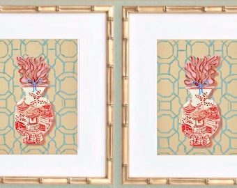 Láminas artísticas de jarrones de coral chinoiserie: marcos de bambú dorados, juego de 2
