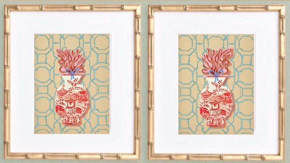 Chinoiserie Coral Vase Art Prints: Gold Bamboo Frames, Set of 2