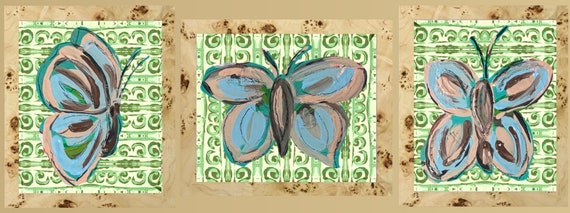 Trio of Butterfly Fine Art Canvas Paper Prints Framed in Burlwood