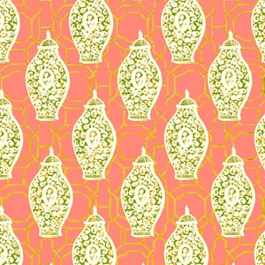 May include: A repeating pattern of white and green decorative vases with intricate designs, set against a coral pink background. The vases are outlined with gold, and the background features a gold geometric lattice.