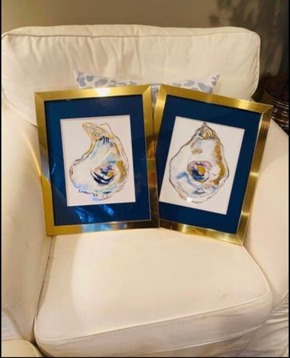 Oyster Art Prints: Gold Framed, Liquid Gold Detail, Double Matted, Set of 2