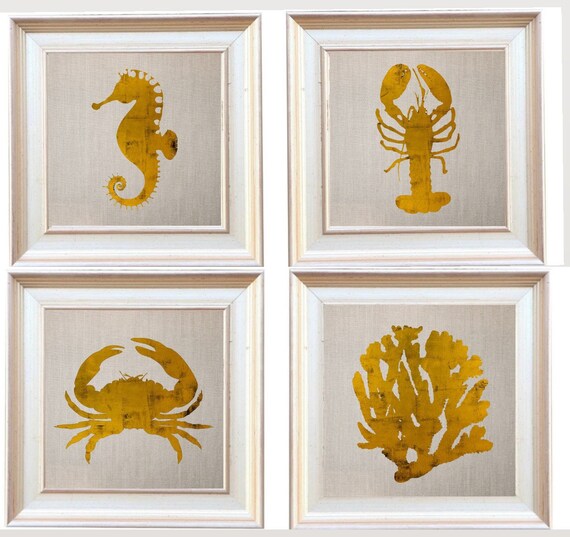 Set of Four Fine Art Canvas Paper Linen Aesthetic Prints in Gilded Silver Leaf Wooden Frames