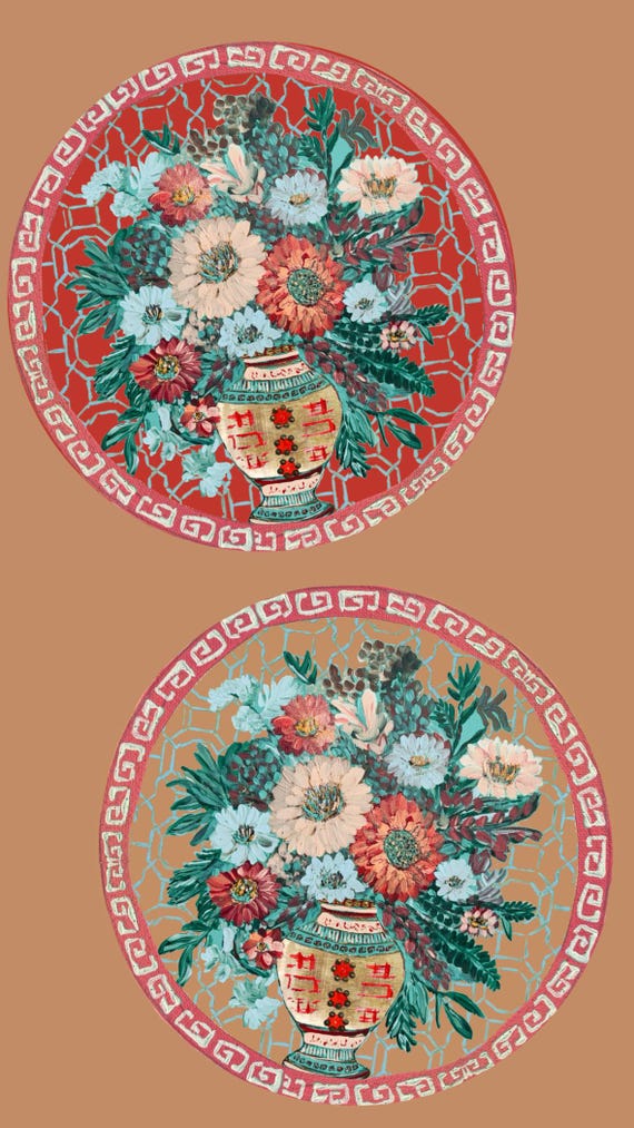 Single Round Chinoiserie Tea for Two Florals Door Hanger with Bow (made of wood)