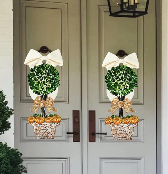 Fall Pumpkin Topiary Door Hangers - Posh Porch Decor Pair