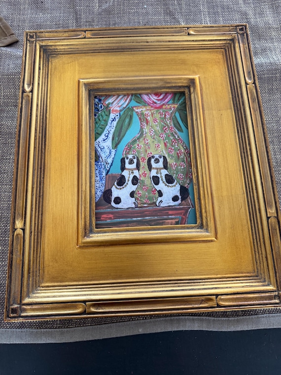 Staffie Dogs Art Print: Giclée Canvas in Gilded Gold Leaf Frame