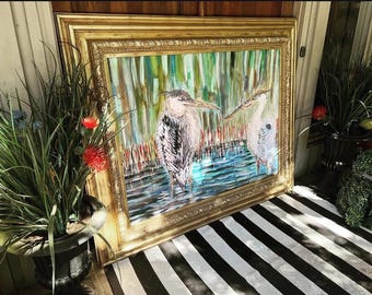 Extra Large ORIGINAL Canvas Painting of Herons in the Reeds