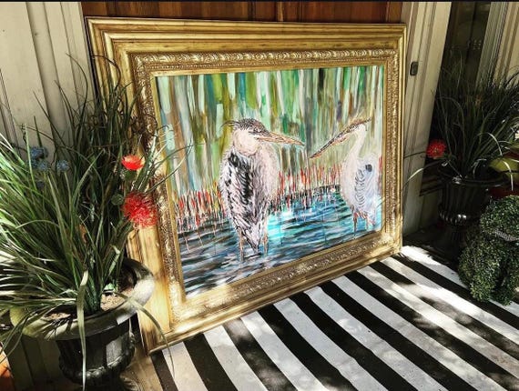 Extra Large ORIGINAL Canvas Painting of Herons in the Reeds