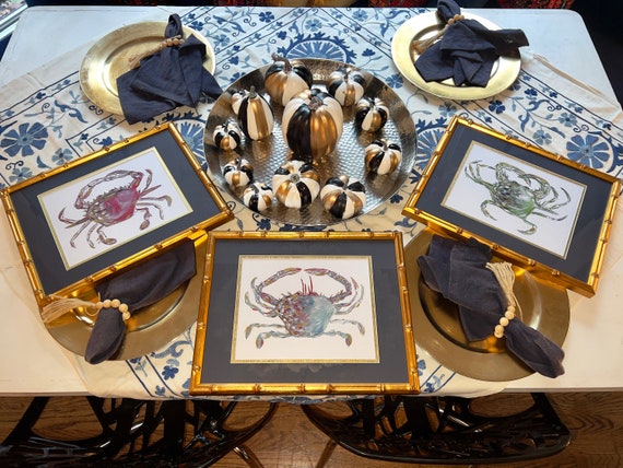 Crab Art Prints Trio: Gilded Bamboo Frames, Coastal Wall Decor