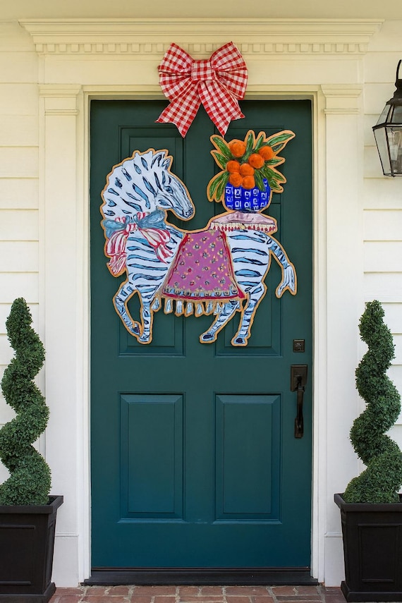 Zebra with a Pouf Door Hanger: UV Resistant PVC, 25x27