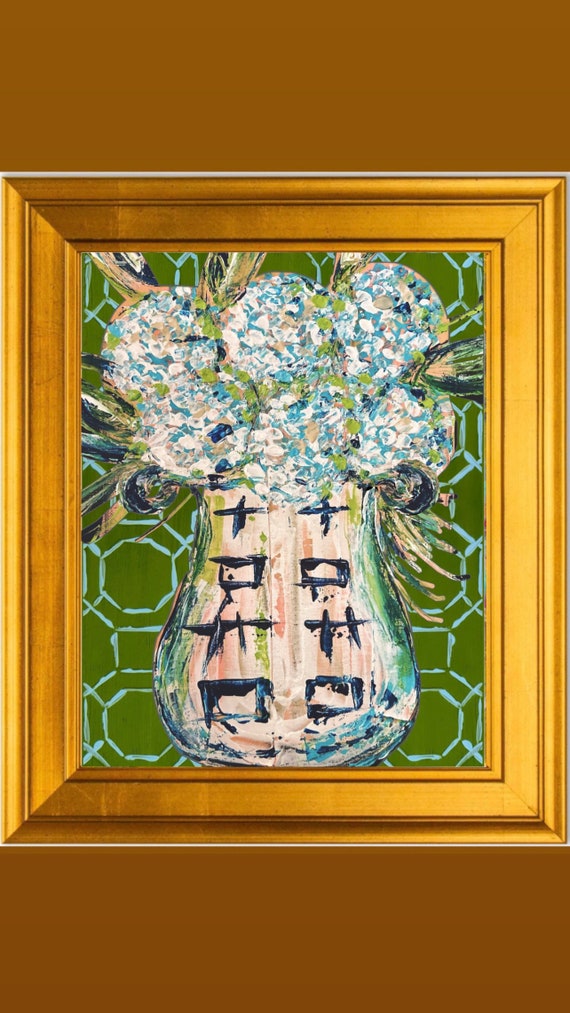 Large Hydrangea Florals in Ginger Jar Art Print Framed in Gold Leaf Frame