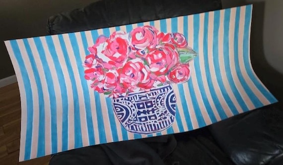 Floral Ginger Jar Outdoor Mat: Striped Background, 24x48 Extra Large