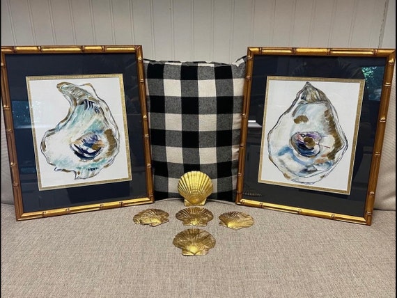 Pair of Oysters Double Matted and Framed in Gold Bamboo Frames