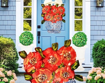 LARGE Red Poppy Florals in Ginger Jar Door Hanger
