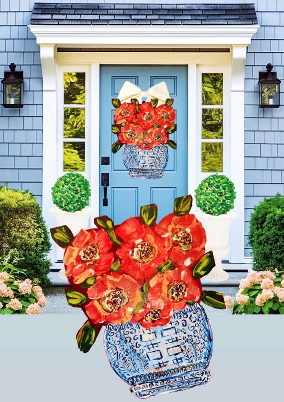 LARGE Red Poppy Florals in Ginger Jar Door Hanger