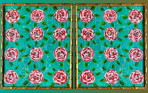 LARGE Pair of Fine Art Canvas Paper Wallflower Gicleès Framed in Gilded Gold Bamboo