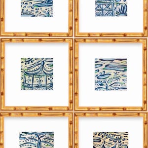 May include: Six framed prints with bamboo-style gold frames. Each print features a watercolor design in shades of blue, green, and white. The prints depict abstract landscapes and architectural elements.