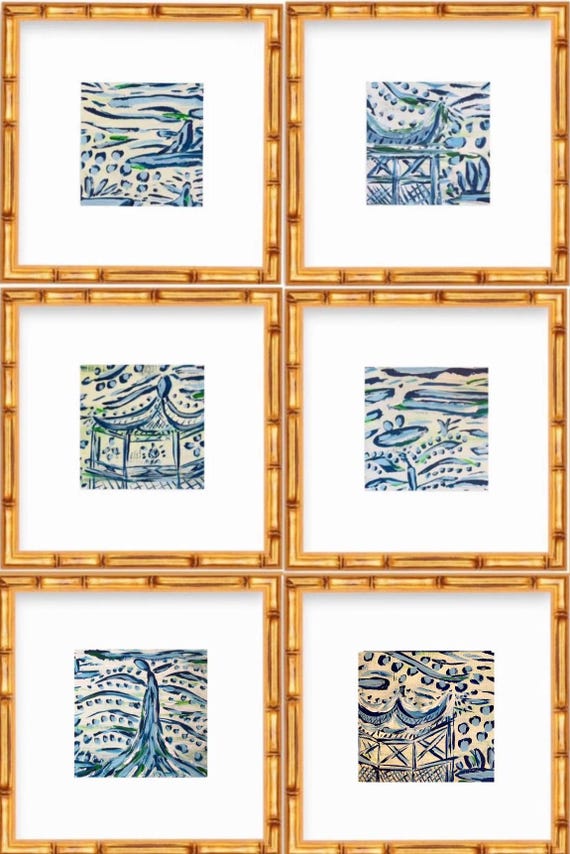 Chinois Landscape Prints: Set of Six Matted Canvas Paper Giclée Art (comes framed)