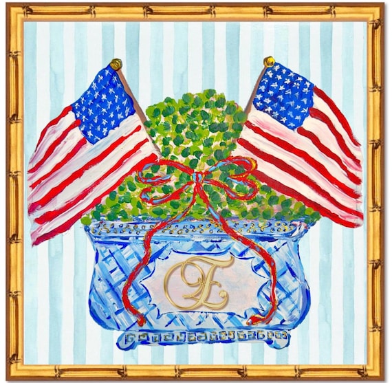 Personalized Americana Topiary Art Print: Gold Leaf Bamboo Frame
