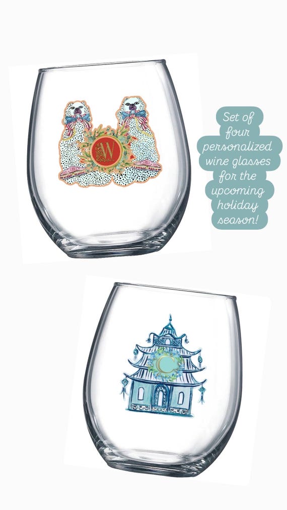 Set of Four Personalized Stemless Wine Glasses (choose one design from two shown)