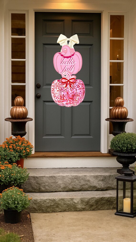 Hello Fall Chinoiserie Posh Pink Pumpkin Door Hanger (does not come with ivory bow)