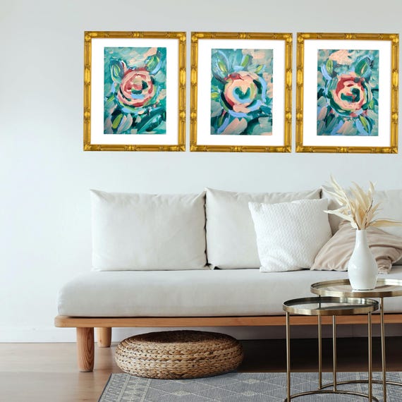 Trio of Fine Art Canvas Paper Gicleè Abstract Florals Matted and Framed in Gilded Gold Bamboo