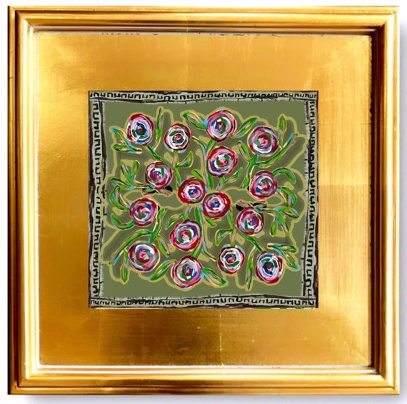 Single Fine Art Canvas Paper Wall Flowers Framed in Gilded Gold Leaf Wide Frame