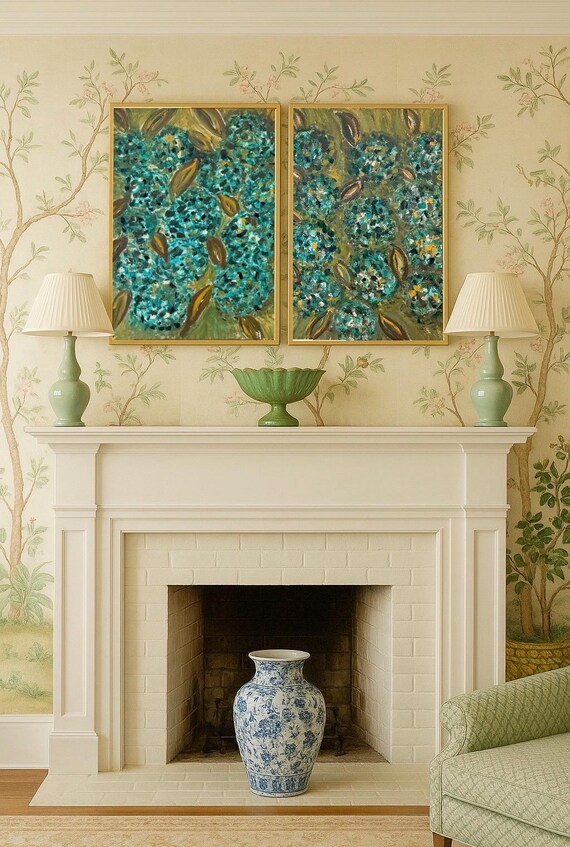 Pair of LARGE Impressionistic Hydrangea Paintings Framed in Linear Gold Floating Frames