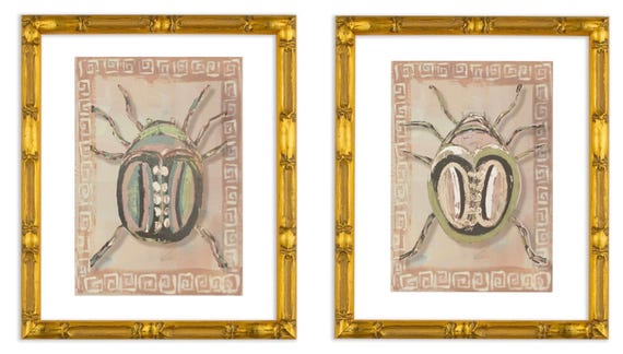 Framed Beetle Art Prints: Gold Bamboo Frames, Matted Pair