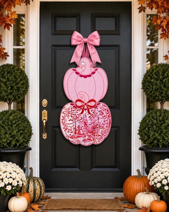 Hello Fall Chinoiserie Posh Pink Pumpkin Door Hanger (does not come with bow)