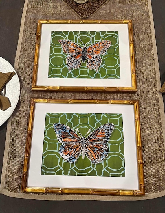 Chinoiserie Butterfly Art Prints: Gold Bamboo Frames, 12x15, Pair