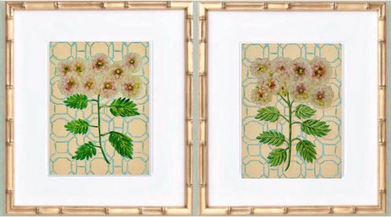 Floral Botanical Giclee Print Set: Gold Bamboo Frames, Signed